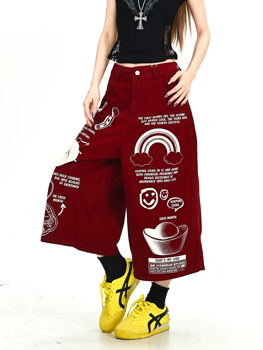 

Новые летние свободные женские брюки с принтом, укороченные, в американском ретро-стиле, повседневные, широкие, модные, с пуговицами на талии