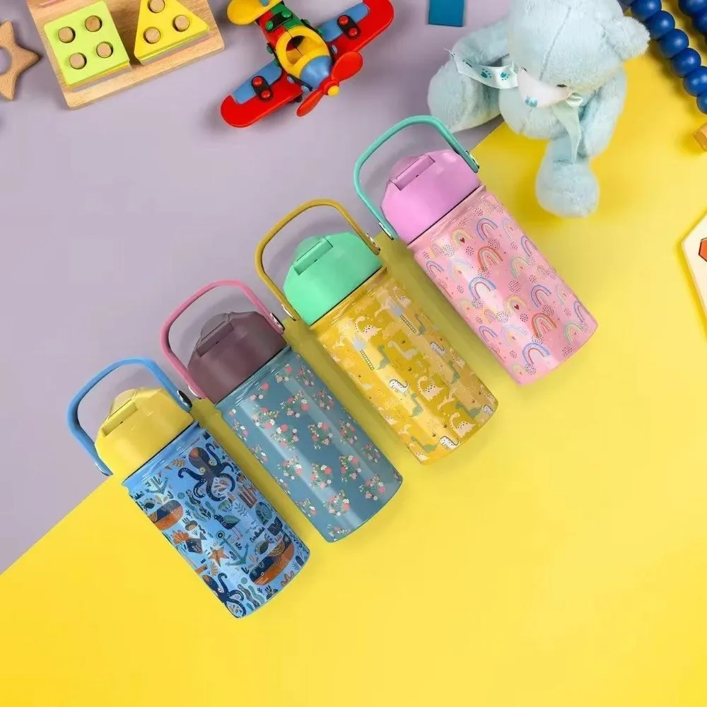 

Stainless Steel Children's Water Bottle With Lid 12oz Capacity Thermal Mug Carrying Handle Leakproof Vacuum Flask Milk Container