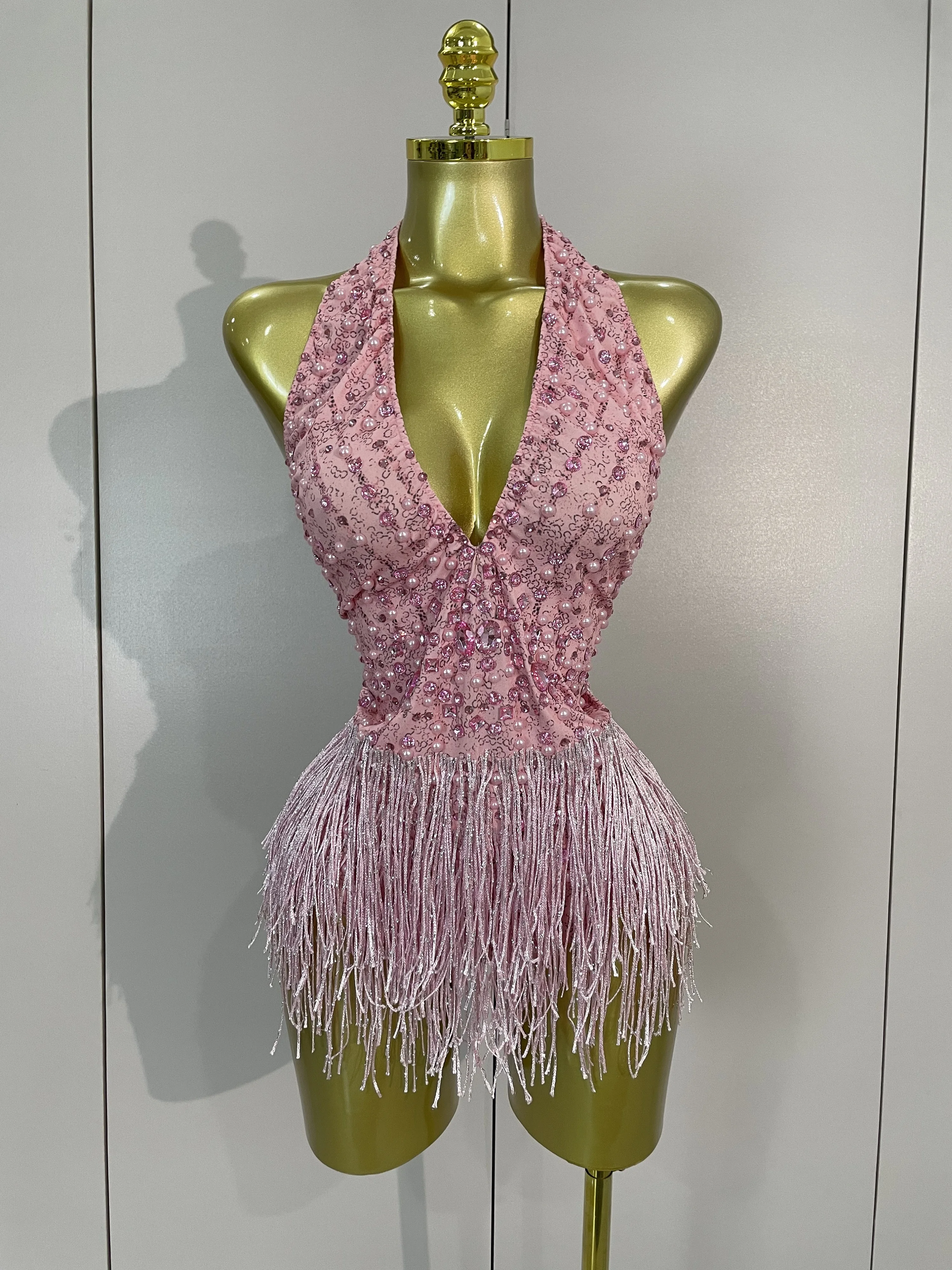

Sparkly Rhinestones Pearls Pink V Neck Bodysuit Women Celebrate Evening Prom Birthday Party Nigthclub Dance Sexy Stage Costume