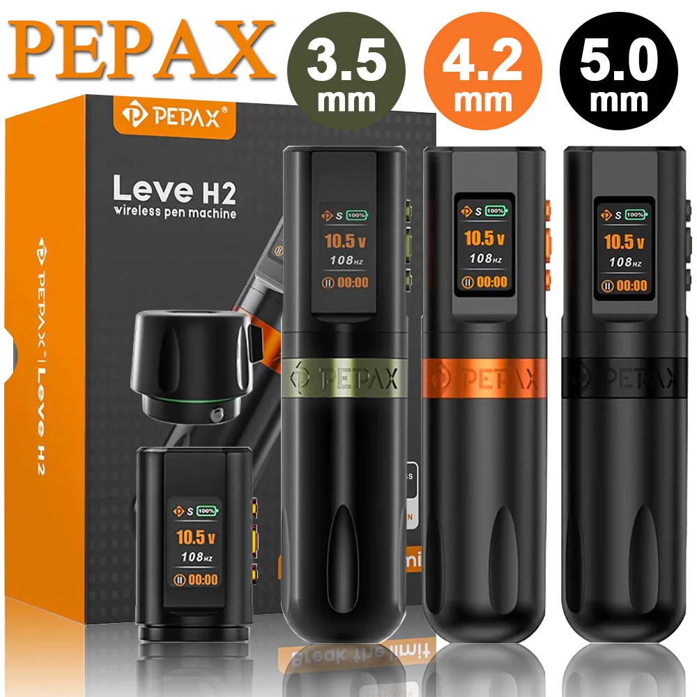 

PEPAX Leve H2 Беспроводная ручка для тату-машины 2 батареи 3,5 мм 4,2 мм 5,0 мм Ход 2000 мАч Перезаряжаемая батарея Ручка-картридж