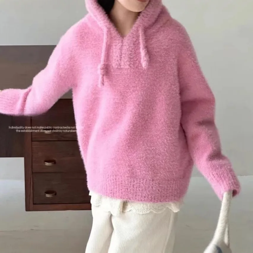 Korean version of children's hooded imitation mink fur soft and sticky knitted sweater, 2024 winter new children's sweater