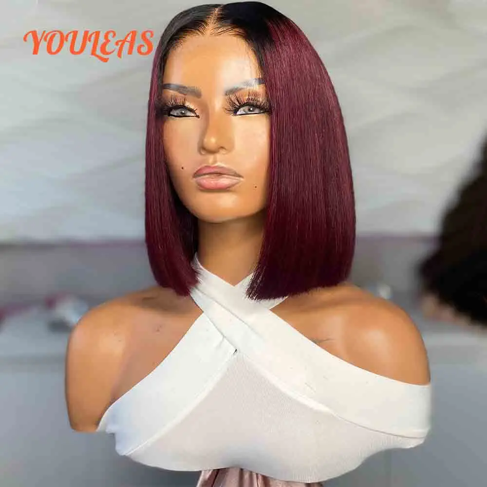 

Burgundy Short Bob Straight Wig Ombre 1B/99J Colored 13x4 Transparent Lace Front Glueless Wig Human Hair Pre Plucked Ready To Go