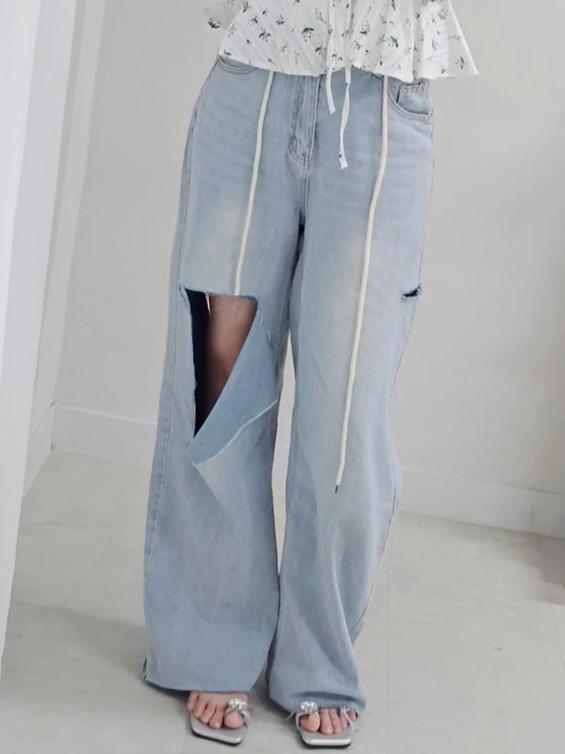 

American Sle Vintage Wide Leg Jeans Dongda Gate Design Worn out Personali Long Pants for Young Women Summer Regular Thi...
