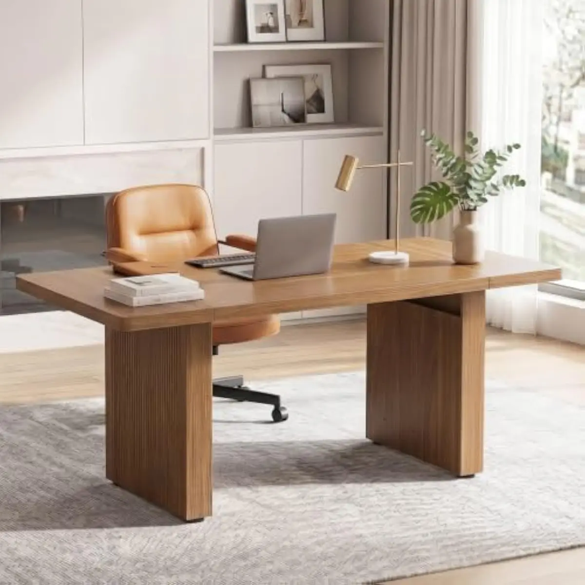 63 Inch Modern Wood Desk with Vertical Fluted Detailing • 62.99 W x 31.5 D x 30 H Inches • Lacquered Brown Finish • 1.46 Thick S