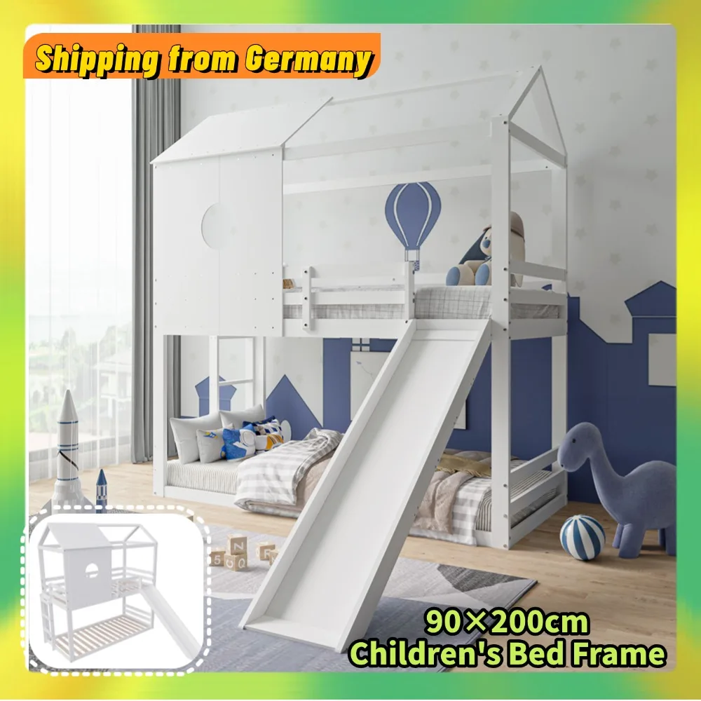 Comanlai 90 x 200 cm großes Kinderbett aus Holz, Hausbett mit Rutsche und Treppe, Etagenbett mit Absturzsicherung, Einzelbett aus Massivholz