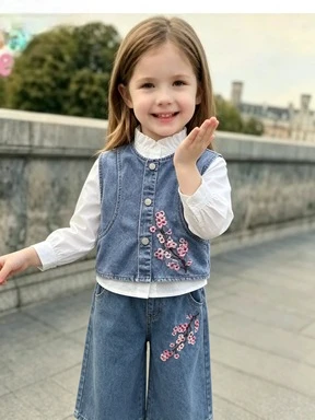 2026 Spring Autumn Girls Three Piece Set Classic Denim Vest Design Stylish and Layered Soft Touch Without Rubbing Skin Long