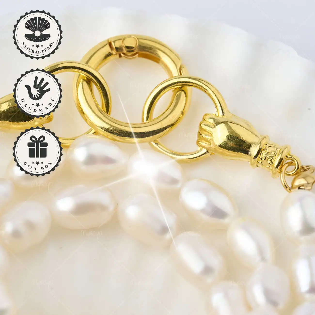 

MYSOYA White Rice Freshwater Pearl Necklace 7-8mm with Gold Double Hand Clasp, Gift Box, Birthday & Anniversary Gift