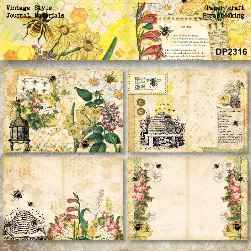 Panalisacraft 8sheets A5 size Vintage Style Bee Honey Scrapbooking patterned paper Fancy Card Pack Light weight Craft Paper Card