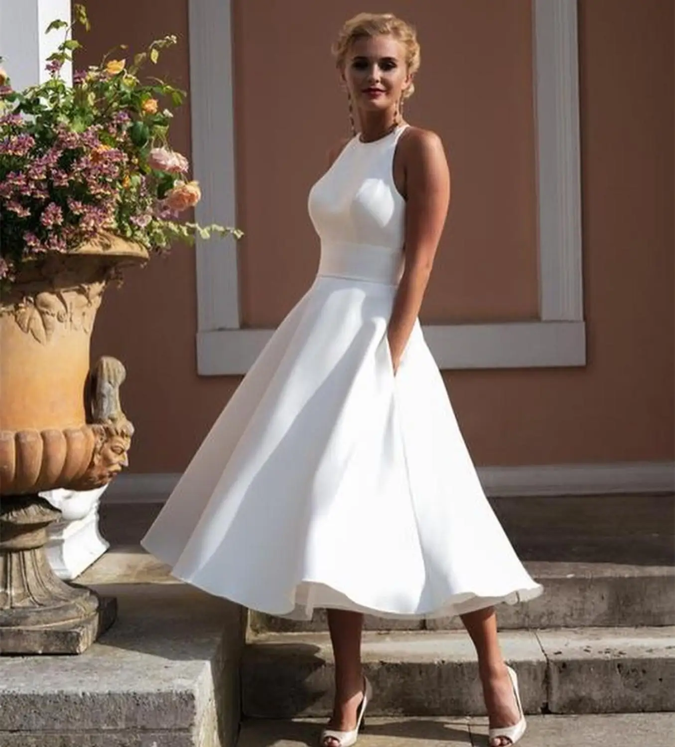 Customized Wedding Short  O-Neck Sleeveless A-Line With Pocket Custom Made Knee Length Bridal Gowns White Gorgeous Cheap