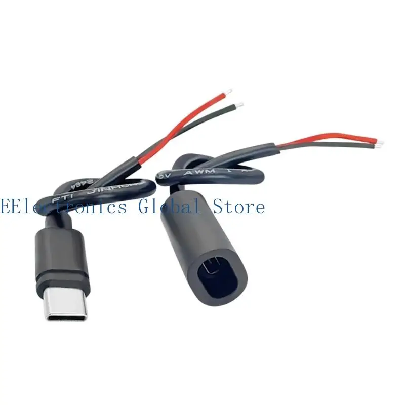 462B USB C Solderable Power Pigtail Pair with Solder-Ready Red and Black Ends, Male and Female USB C Ends, and