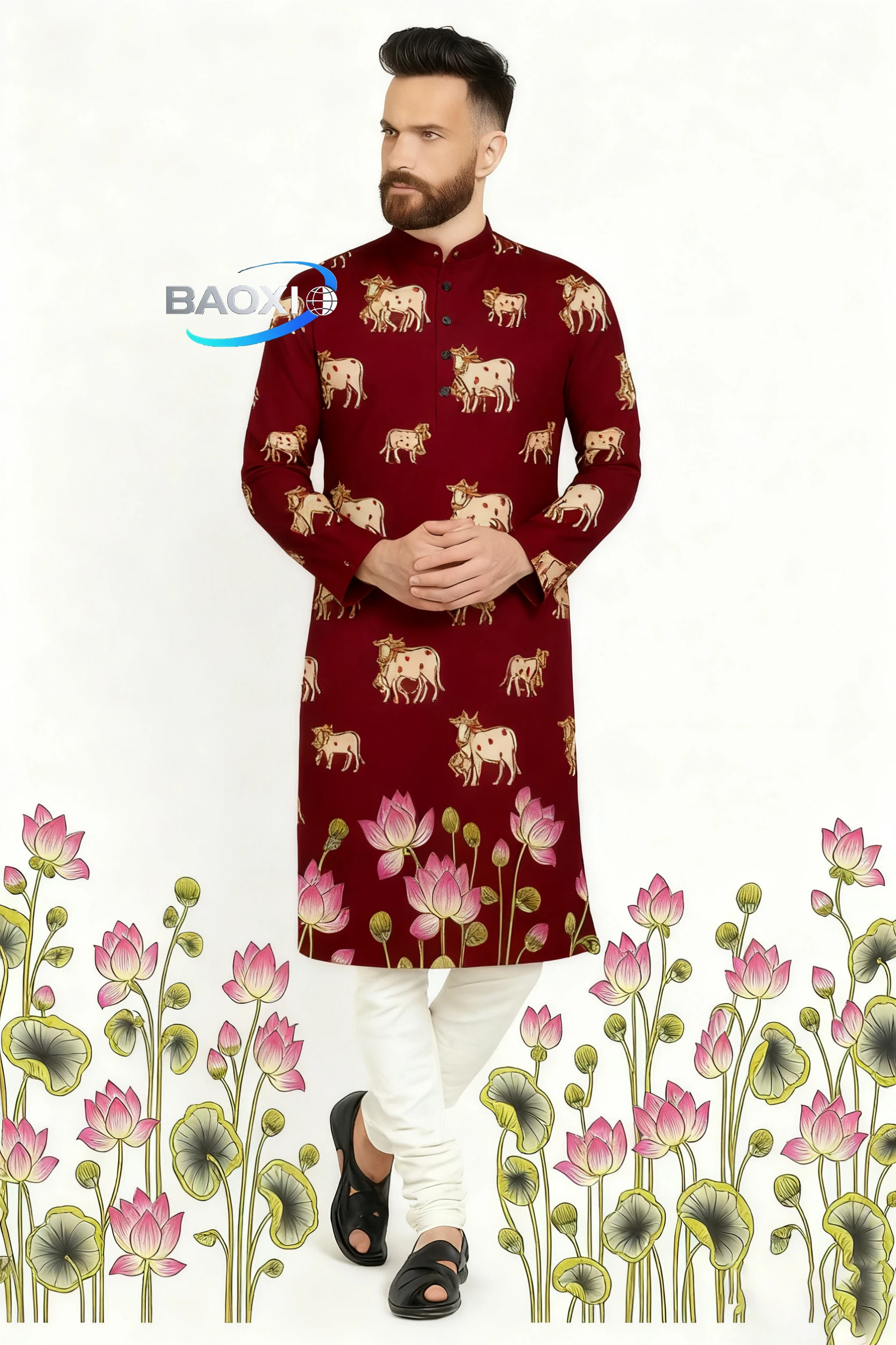 Kurt men digital printed kurta vardha regular fit Mandarin collar long suitable All Occasions such wedding Hari Raya Aidilfitri