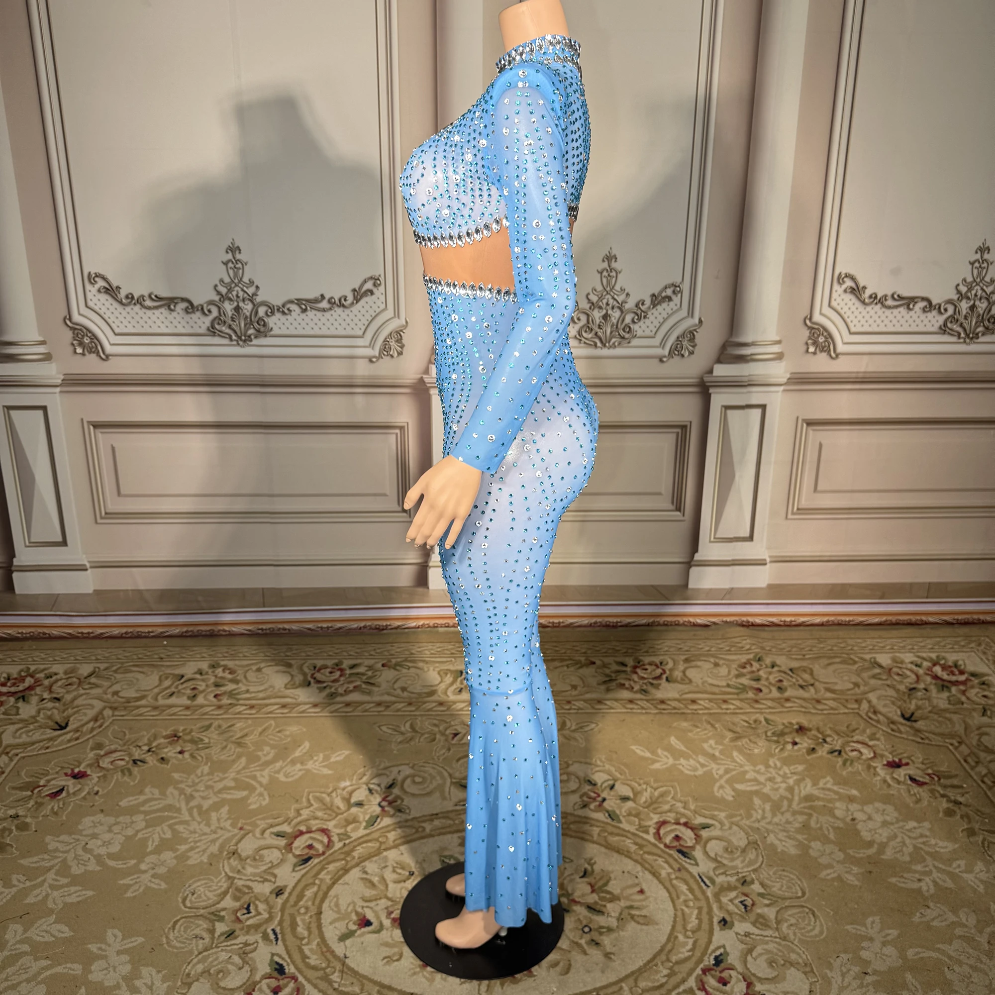 Romper seksi lengan panjang transparan berpayet kristal, bodysuit one piece, leotard penari eksotis wanita pesta, jumpsuit berhiaskan rhinestones.