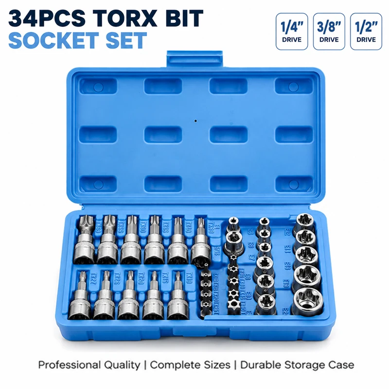 34Pcs CR-V Steel Torx Bit & E-Torx Socket Set, Professional 1/4