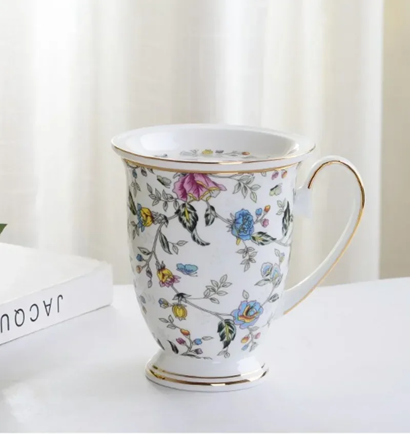 European Luxury Flower Ceramic Afternoon Tea Coffee Cup Elegant French Black Tea Cup Dessert Ceramic Mugs Milk Bowl 300ml