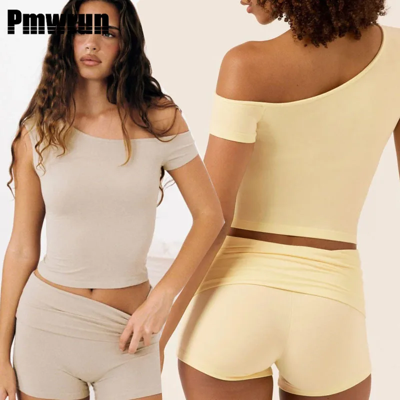 

PMWRUN Women's One Shoulder Yoga Set Off Shoulder Short Sleeve Top Shorts Soft Stretchy For Gym Yoga Pilates Daily Workout Wear