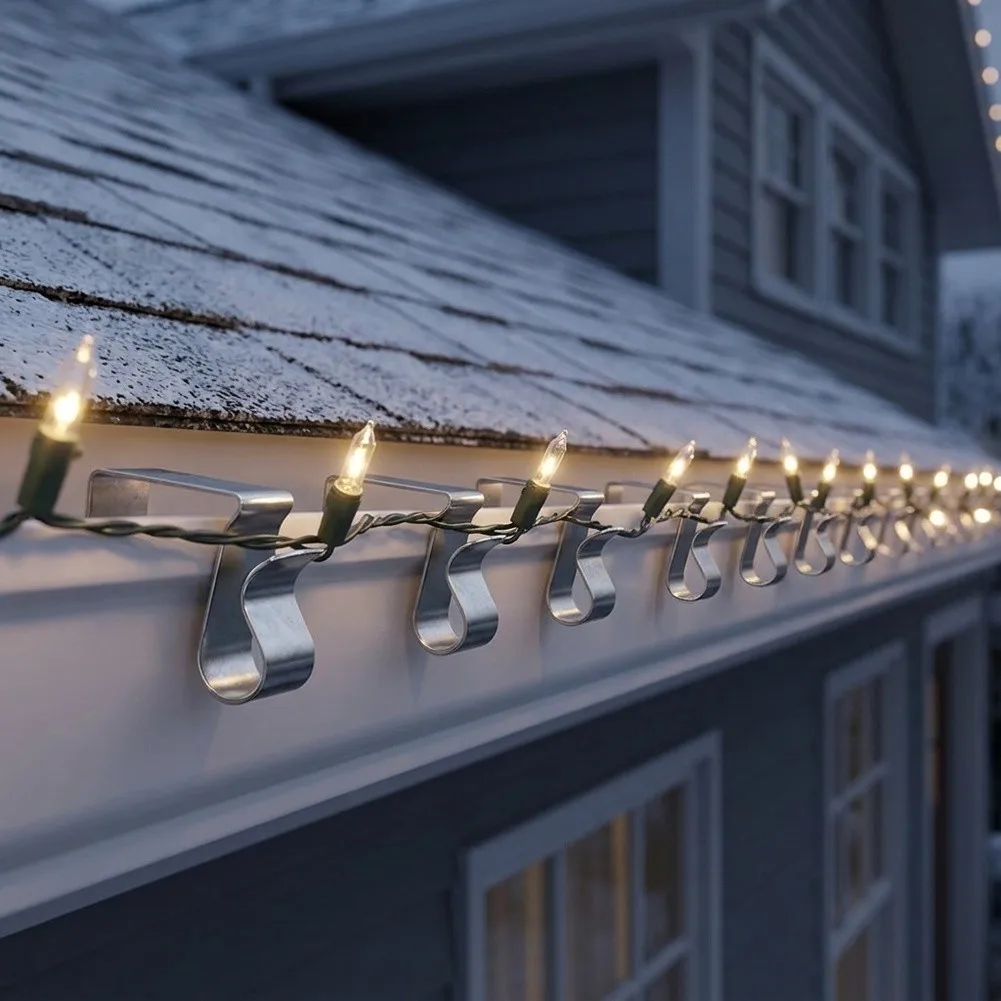 50 pcs Gutter Light Hooks for Outdoor Lights Steel Construction for Mounting on Gutters and Eaves Supports Various Light Types