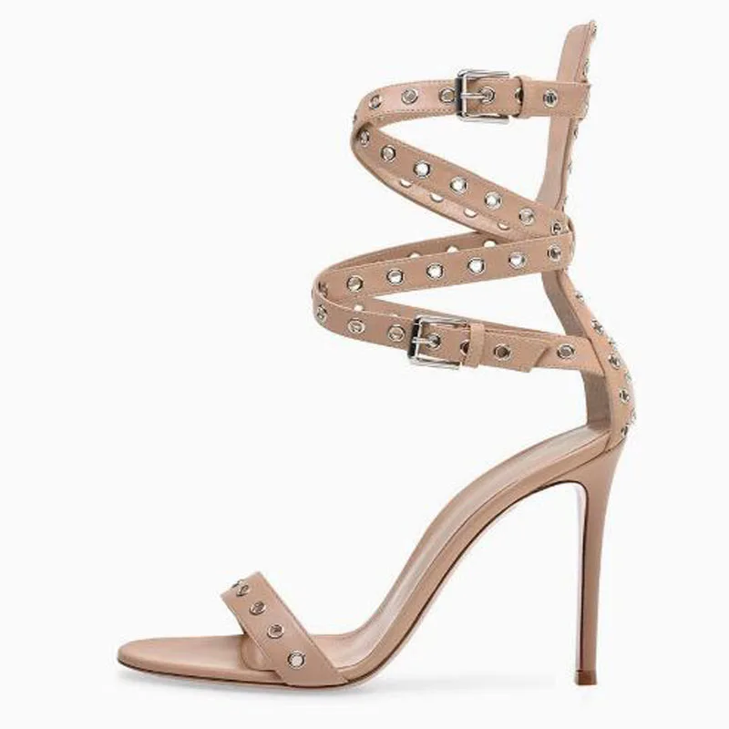 Apricot Gold Sliver Leather Eyelet Metal Buckle High Heel Sandals Round Open Toe Cross Strap Thin Heels Sandals Boots Women Shoe