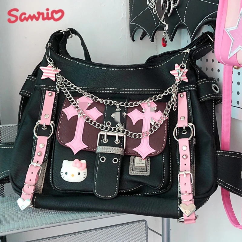 

Sanrio Hello Kitty Gothic Punk Vintage Pink Cross Chains Crossbody Bags Handbag Y2k Trend Tote Bag For Women Hot Girl