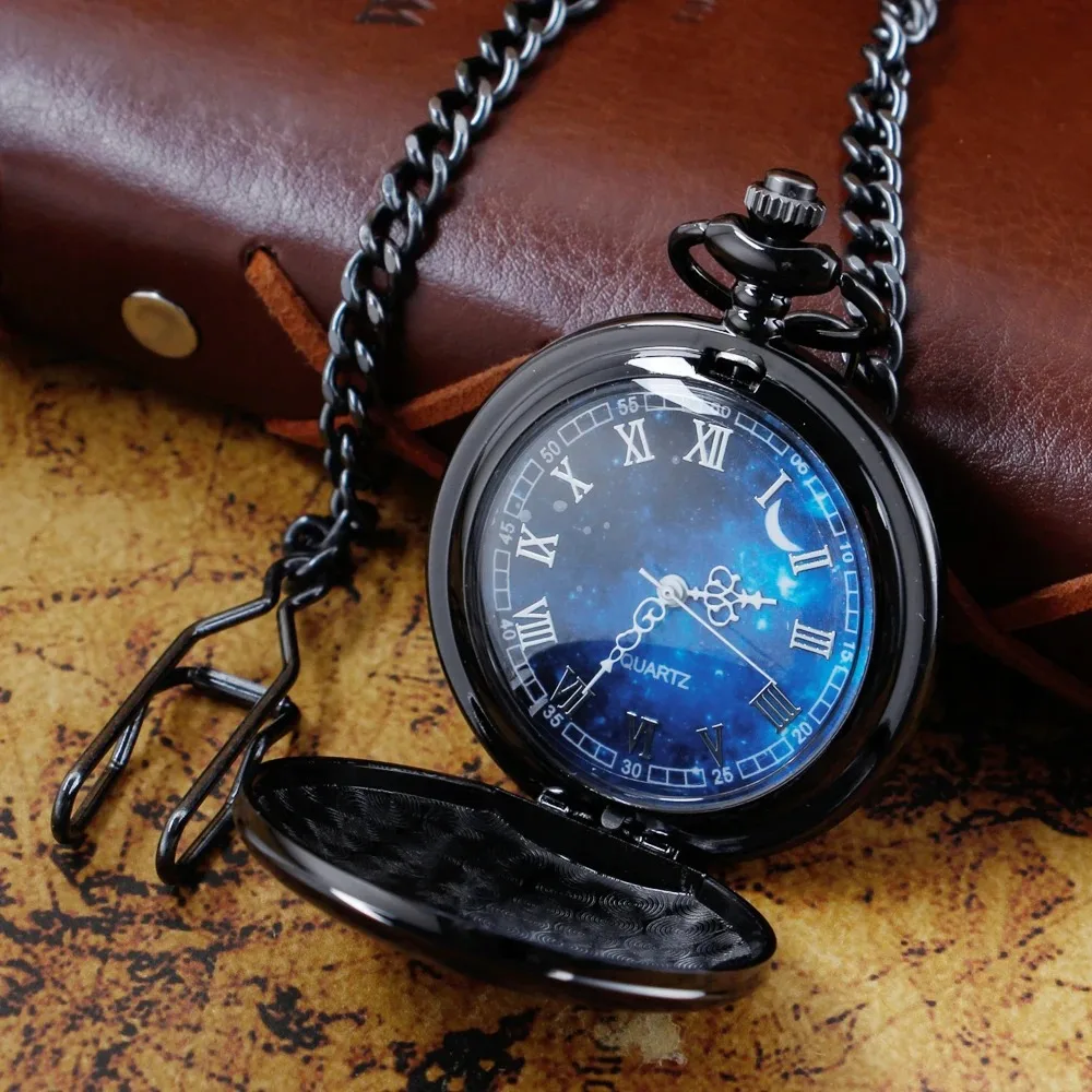 Steampunk Roman Starry Sky Dial Smooth Digital Quartz Pocket Watch with Necklace Pandent Exquisite Gift for Male Women