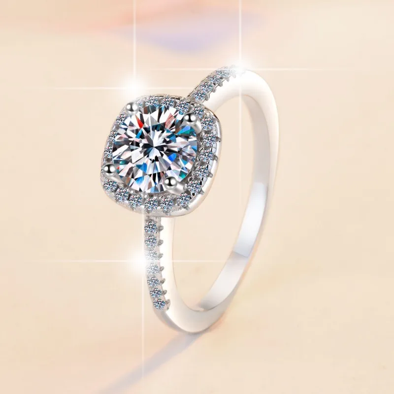 S925 Sterling Silver D Color Moissanite Ring Square Bag Classic Silver Ring Sugar Cube Women's Ring