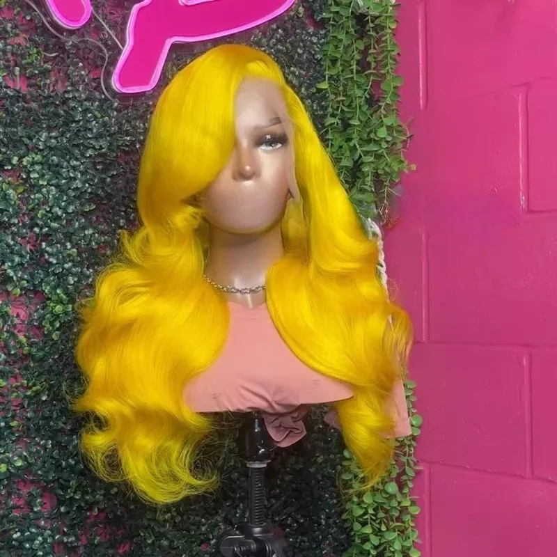 Yellow Synthetic Lace Wigs Halloween Super Long Body Wave 13x4 Lace Frontal Hair Wig With Baby Hair Party Fashion New Style Wig