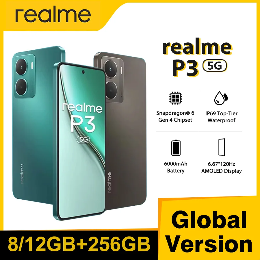 هاتف ذكي Realme P3 5G معالج Snapdragon 6 Gen 4 5G بطارية 6000 مللي أمبير في الساعة شاشة AMOLED 6.67 بوصة 120 هرتز شحن 45 وات