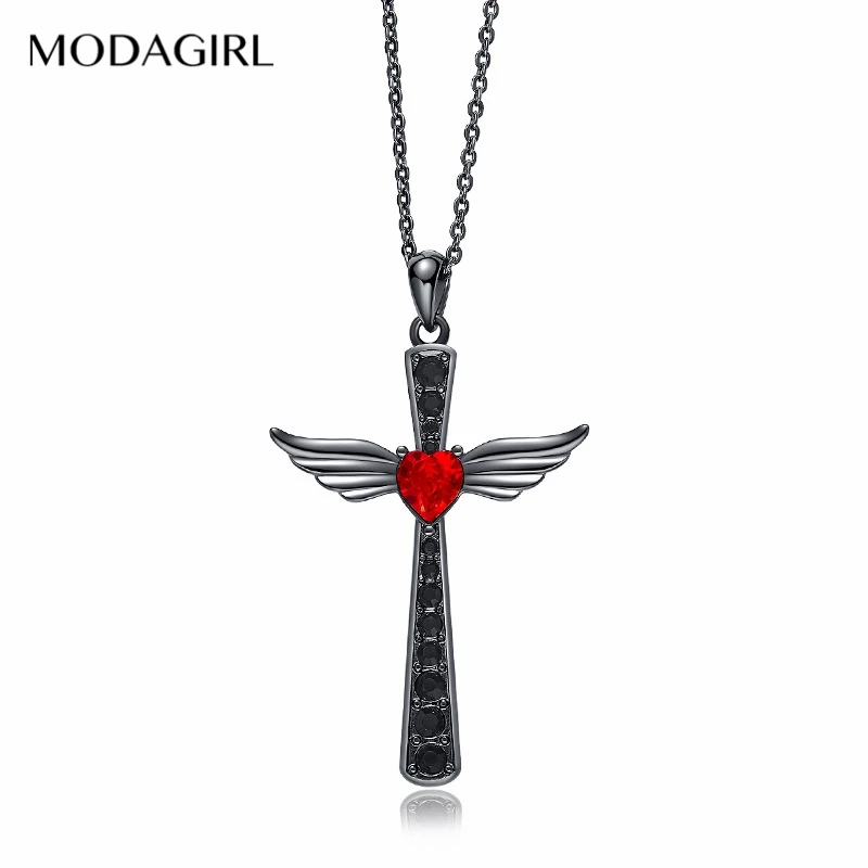 

MODAGIRL Black Angel Wings Cross Vampire Statement Necklace with Red Heart Zircon for Unisex Halloween Jewelry Gothic Gift