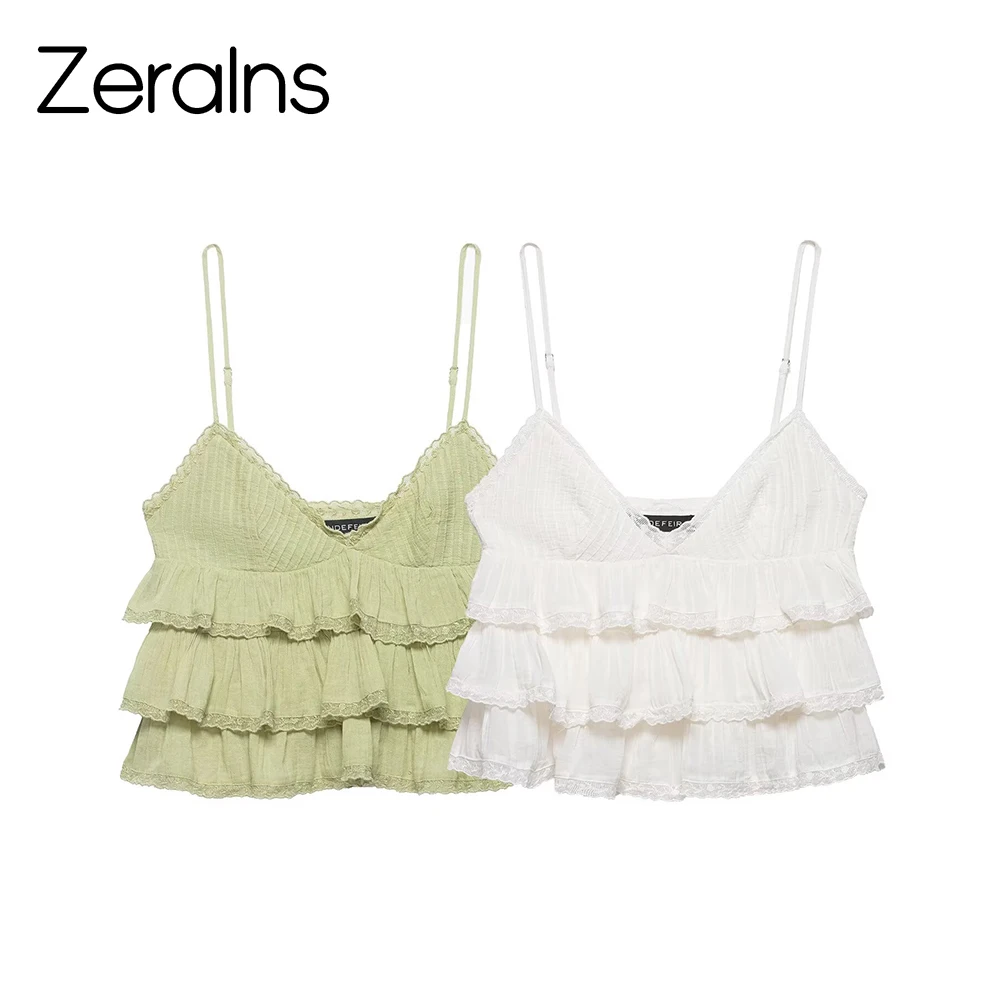 ZERAINS Damen-Sommer-Neuheit: Süßes und modisches, mehrlagiges, besticktes Chiffon-Camisole-Top mit V-Ausschnitt