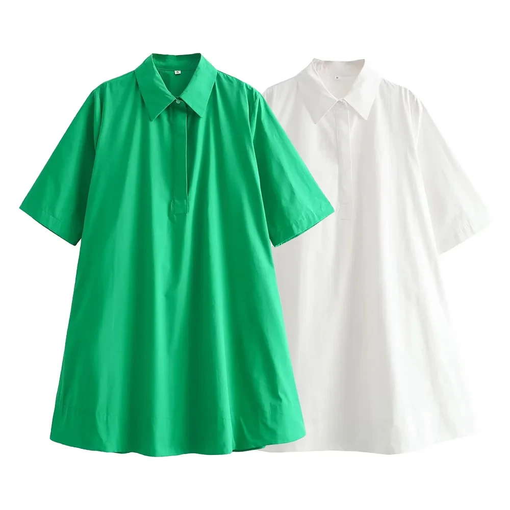 KONDALA Women Fall Shirt Short Dress Minimalist Lapel Short Sleeve Dress 2025 Summer Fashion Simple Versatile Female Chic Dress