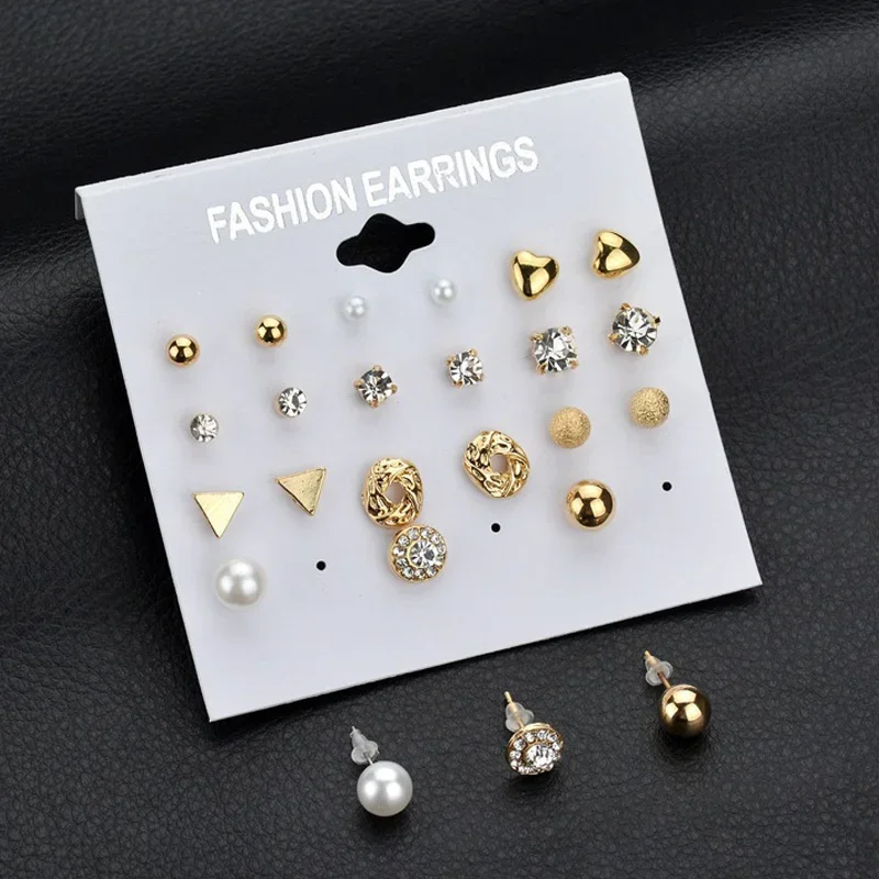 Charmsmic Women Small Heart Crystal Stud Earrings Sets Gold Color Simulated Pearl Geometric Jewelry Gifts For Children