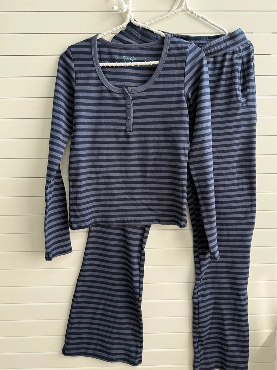 

Vintage Buttons 2 Piece Sets Women Navy Striped Cotton Long Sleeve Tee Straight Trousers Home Sweet T-shirt Pant Pajama Set Y2K