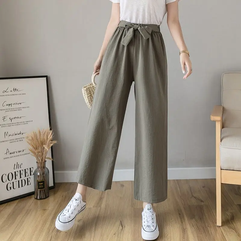 Women Summer Simplicity Ice Shreds Solid Color Appear Thin Cotton and Linen High Waist Wide Leg Ladies All-match Cropped Pants