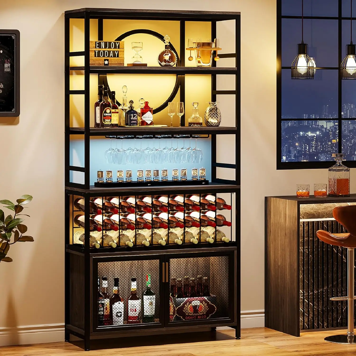 75 Inch Tall Wine Bar Cabinet Wooden Large Capacity Liquor Cabinet Wine Bakers Rack Wine Rack
