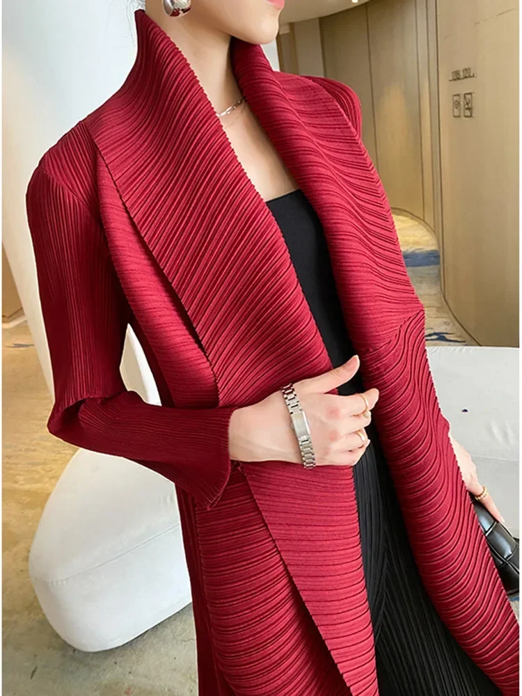 ALSEY Miyake Pleated Lapel Long Sleeves Trench Coat Women Mid Length Elegant Female Streetwear High Waist Plus Size Windbreaker