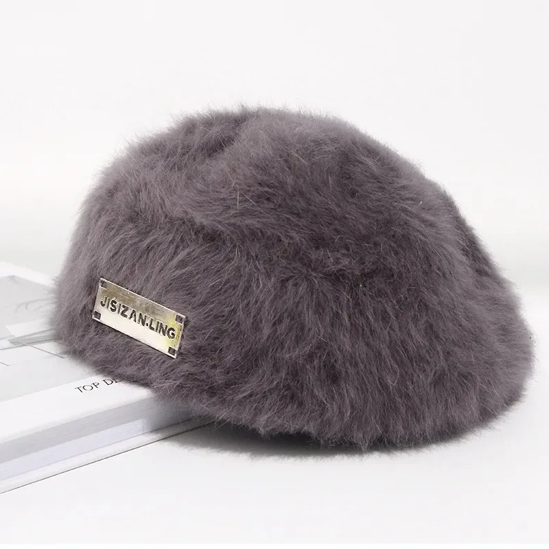 Winter Warm Reversible Rabbit Fur Beret Hat for Women, Double-Sided Knit Retro Painter Cap for Oval and Round Faces