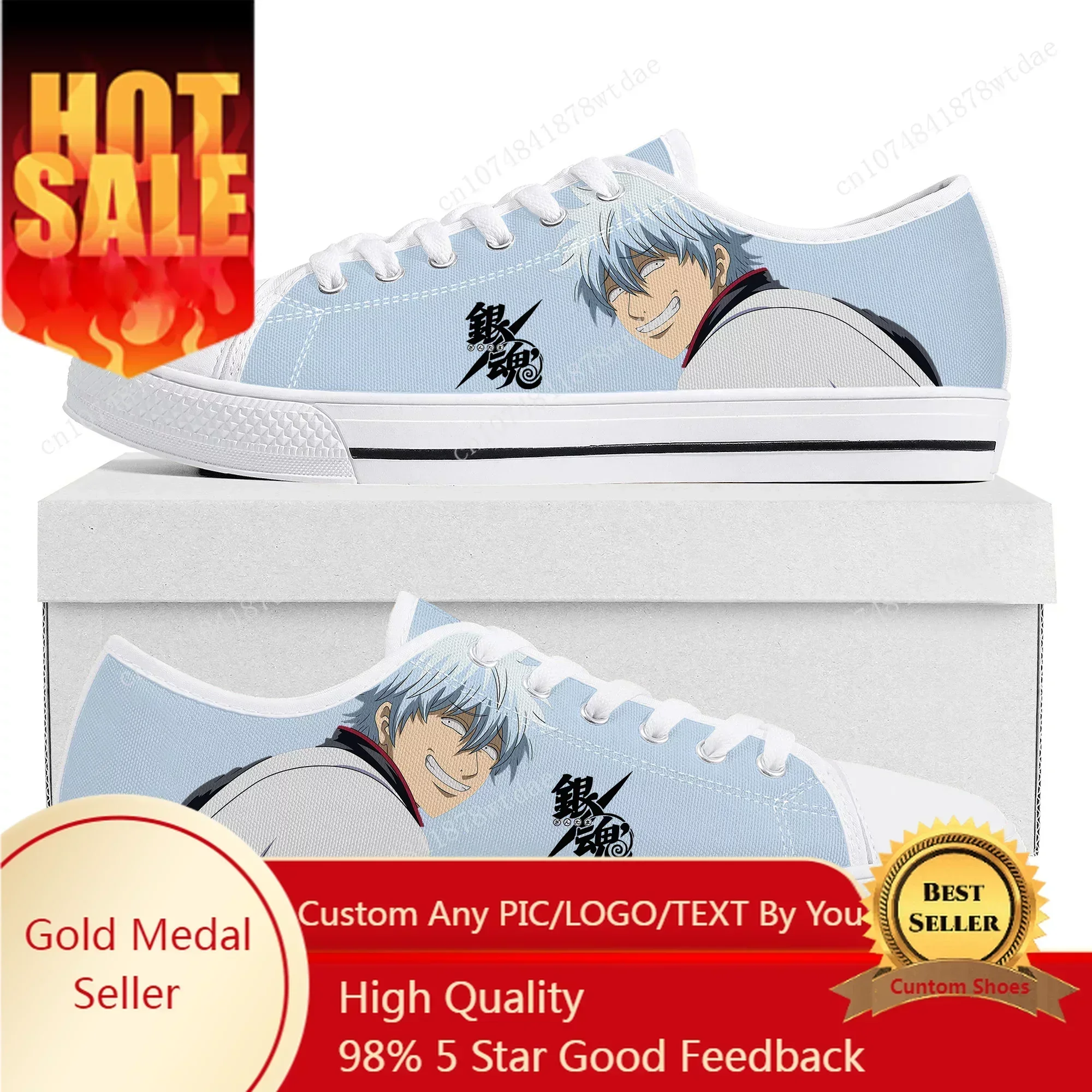 Gintama Low Top Sneakers Womens Mens Sakata Gintoki High Quality Canvas Sneaker Couple Comics Manga Custom Made Shoes