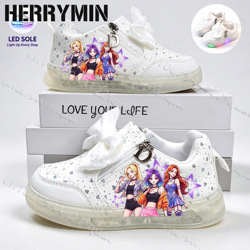 2026 Hot Girl Group Style Cute Girls LED Light Up Sneakers Bow Zipper Design Non Slip Sole Kids Shoes