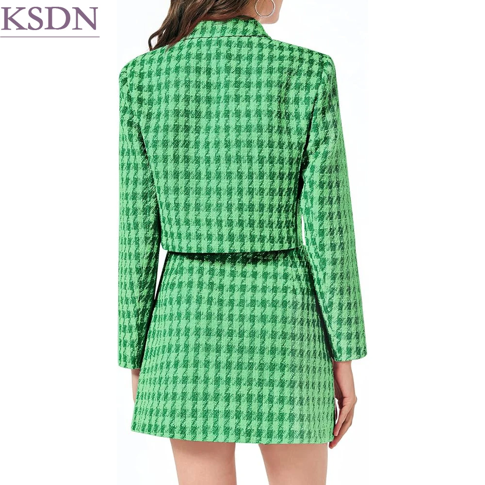 Elegant Women Suits Green Houndstooth Tweed 2 Piece Outfit Cropped Style Jacket Skirts Sets Evening Pearl Buttons Blazer