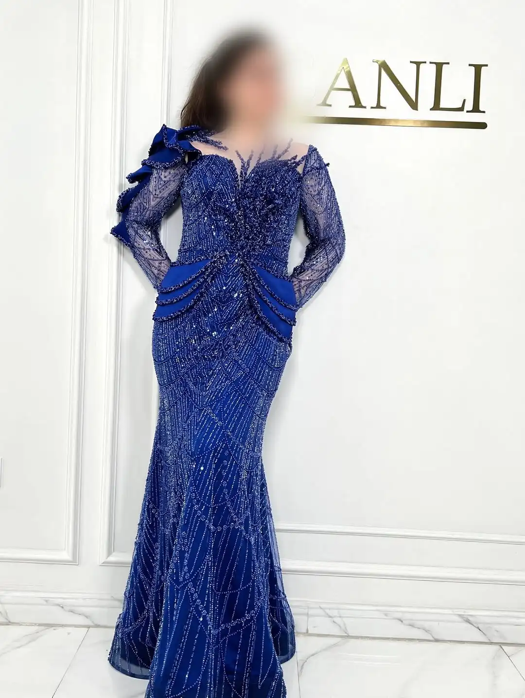 

Sexy Luxury Royal Blue Beading Sequins Waist Tiered Pleated Ruched Sleeves Evening Dress With Train Prom Formal Party Dress