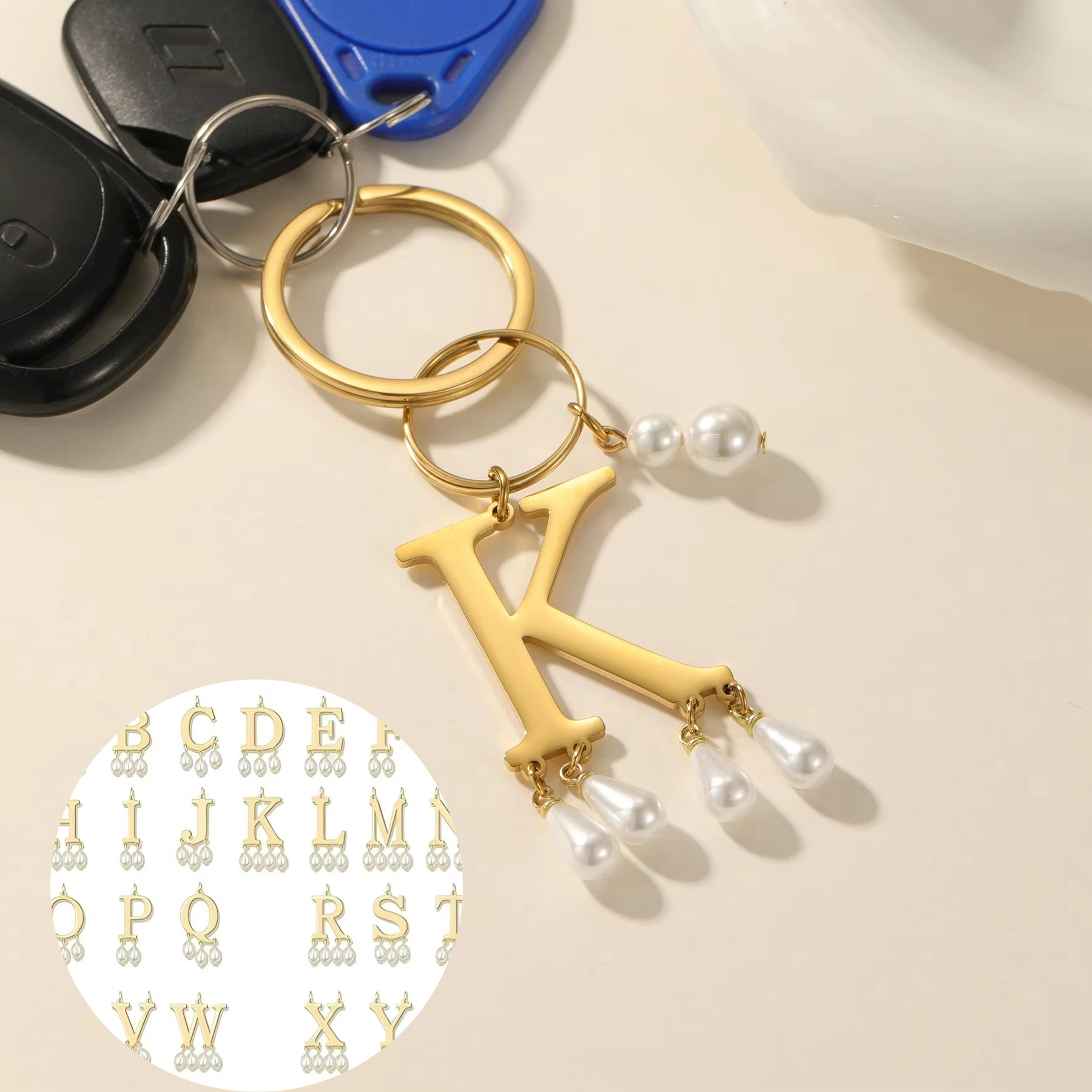 

Personalized Pearl Alphabet Keychain Initial Letter Stainless steel Pendant Car Keychain Pendant Pearl Charm Gift for Women