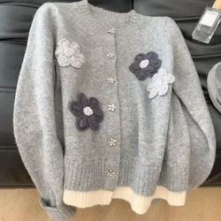 Knitted Cardigans Sweater Women Autumn Winter Embroidery Flower Knitwear Fashion Round Neck Long Sleeve Patchwork Soft Crop Tops