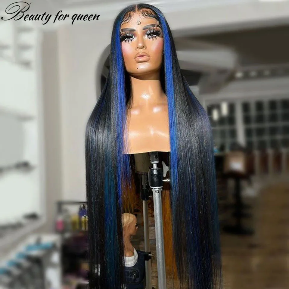 

200 Density Transparent HD Lace Frontal Wigs Brazilian Colored Human Hair Wig Highlight Blue Black Long Straight Wear And Go