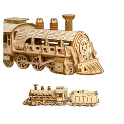 DIY Steam Train Wooden Puzzles Toys Construction Blocks Set for Teens Adults Montessori Educatianal 3d Retro Locomotive Models