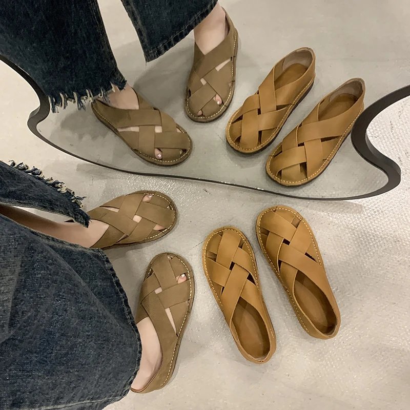 2024 leather Women Sandals Top Layer Cowhide Handmade Woven Women casual Flats the retro art mori girl Ladies shoes Female shoes