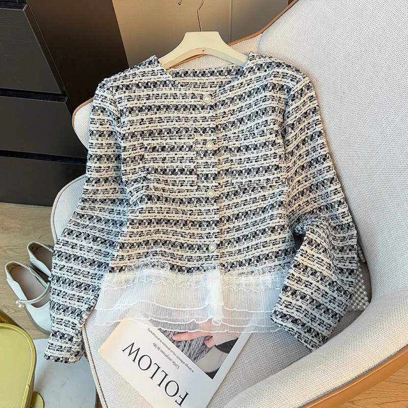 

Celebrity Temperament Mesh Stitching Tweed Long-Sleeved Jacket Women's Autumn 2025 Fashionable Loose Single-Breasted Coats