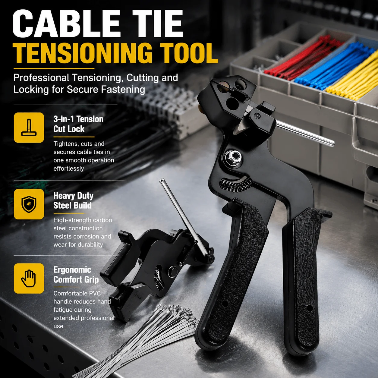 3-In-1 Cable Tie Tool Zip Tie Gun Heavy Duty Tension Cut Lock Stainless Steel Strapping Tensioning Cutter Ergonomic Bundling