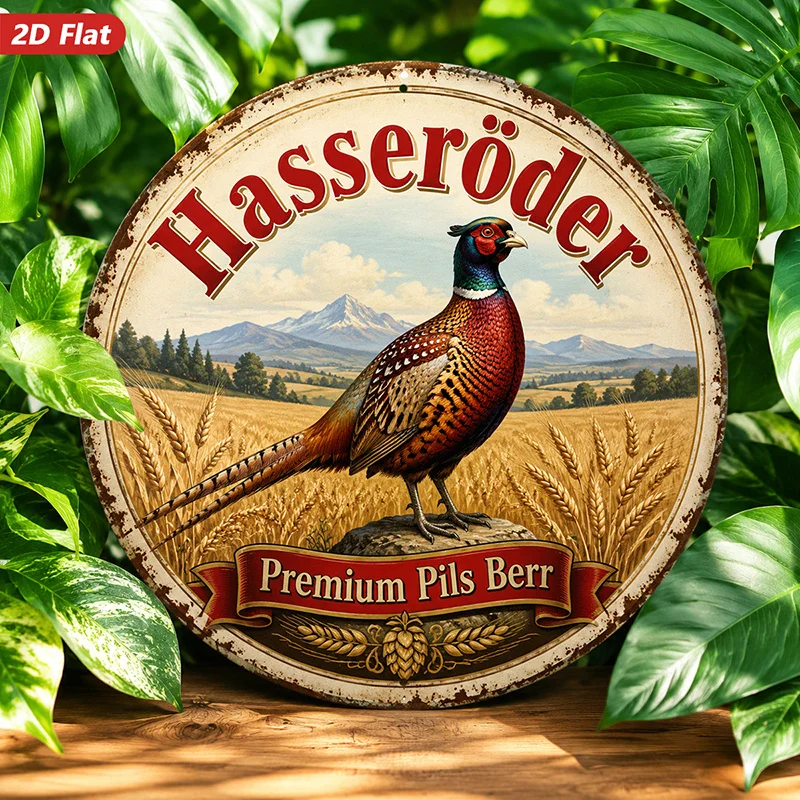 2D Flat, 1pc Round Metal Sign Wall Art, Hasser'Der Premium Pils Beer Sign, Rural Landscape Art, Pheasant Motif, Vintage Style, H