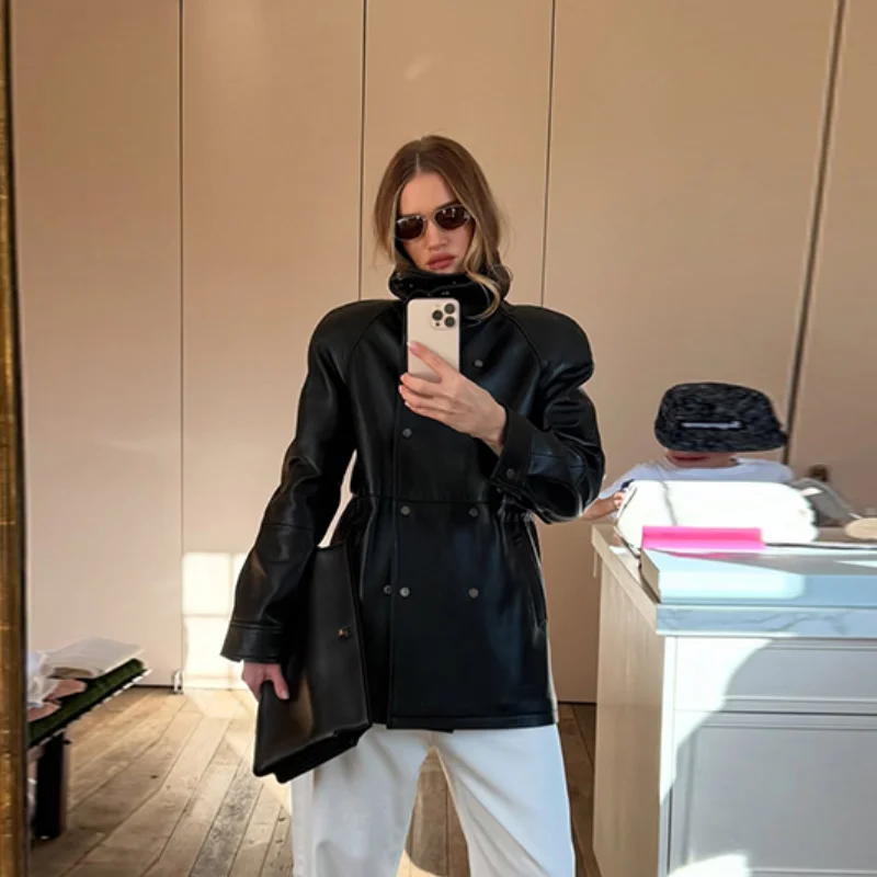 Women PU Leather Jacket Slim Fit Stand Collar Double Breasted Long Sleeve Short Coat 2025 Autumn Y2K Lady Streetwear Outwear