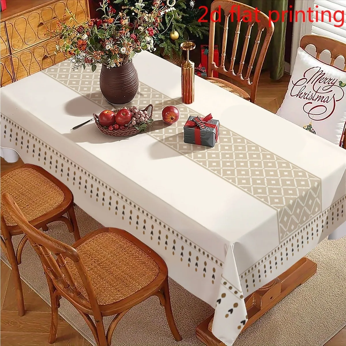One 2D flat tablecloth in a light white base with a simple pattern in the shape of a rectangle, made of polyester fiber.