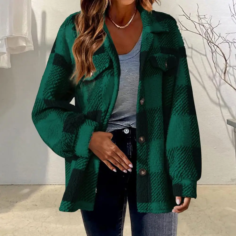 1Pc Women Thermal Jacket Turn-down Collar Cashmere Jacket Plaid Print Soft Fleece Cardigan with Button-down Front for Women Wear